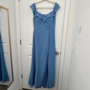 Azazie | Dusty Blue Ruffle Off-Shoulder Maxi Dress